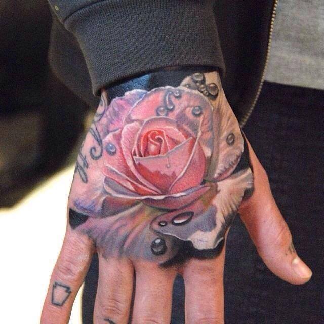 Awesome Water Drops On Rose Hand Tattoo For Women