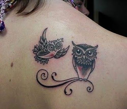Baby Owl Flying And Mother Owl Sit On Tree Owl Family Tattoo