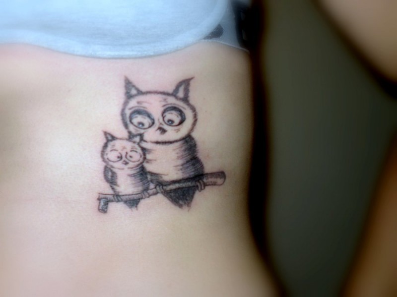 Baby Owl With Mother Owl Tattoo On Side Rib