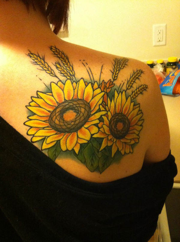 Back Shoulder Realistic Sunflower Tattoo