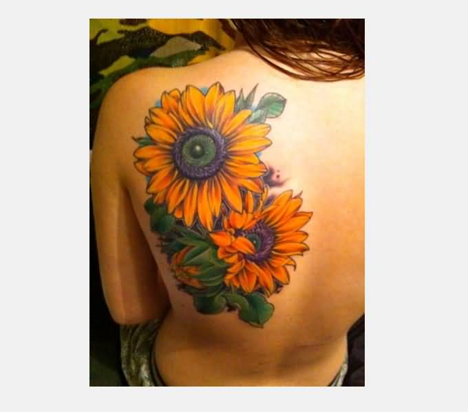 Back Shoulder Realistic Sunflower Tattoos For Girls
