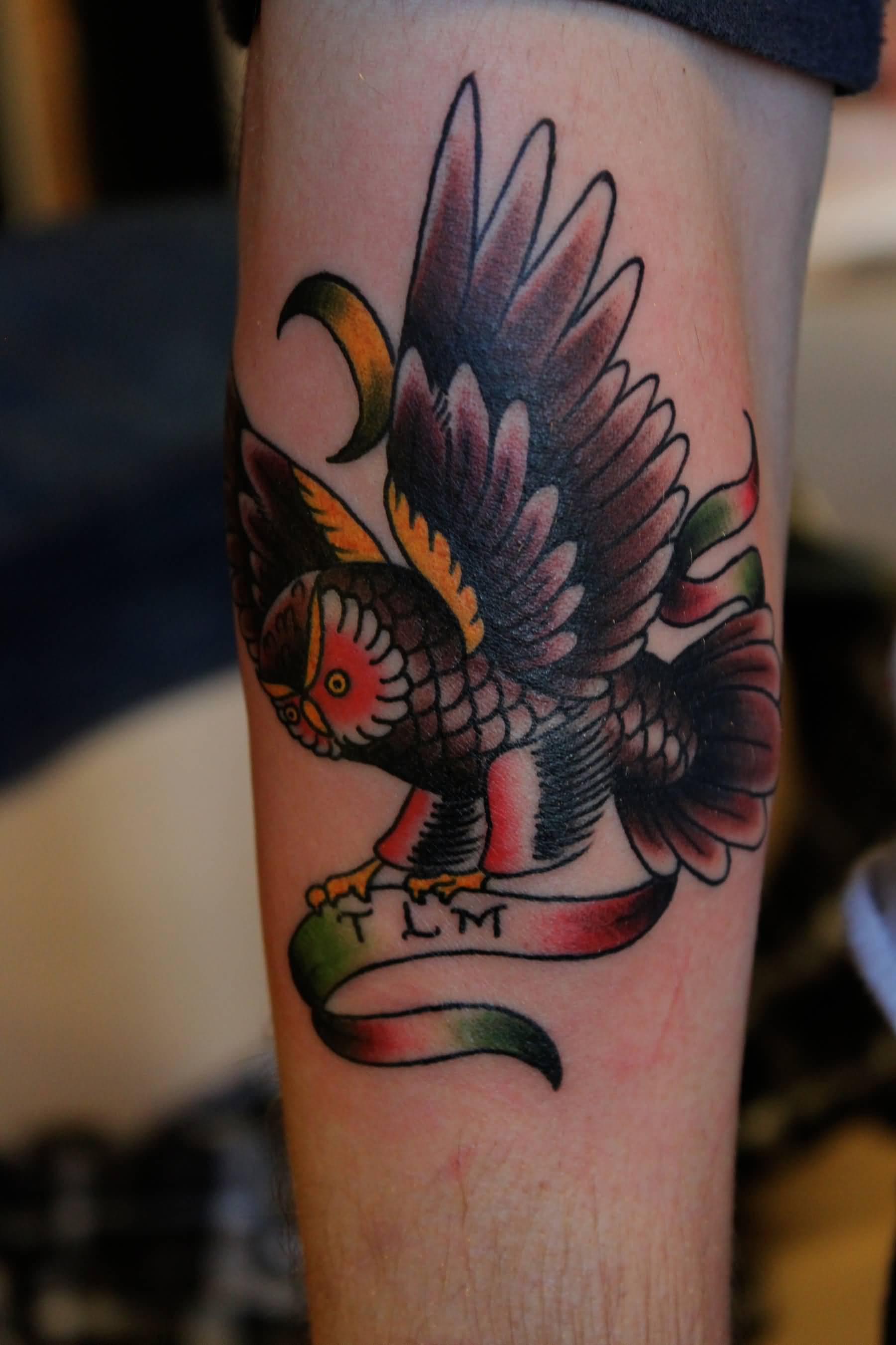 Banner And Flying Owl Tattoo On Arm