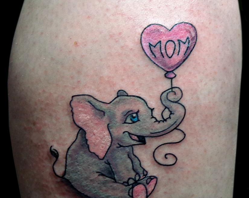 Beautiful Baby Elephant With Heart Shape Balloon Tattoo Design For Shoulder