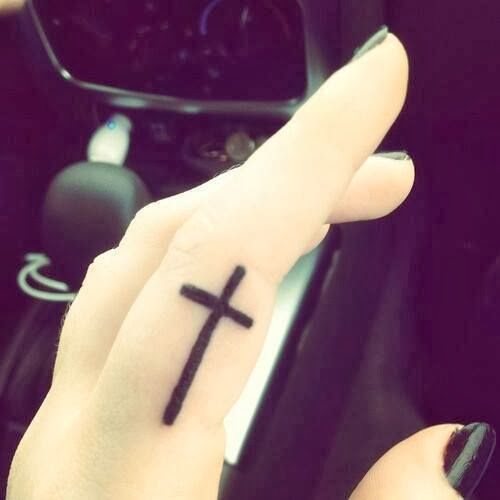 Beautiful Black Cross Side Finger Tattoo