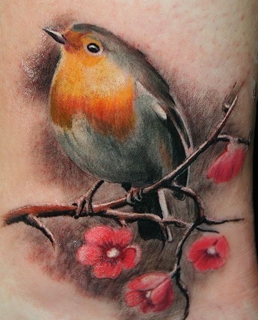 Beautiful Cherry Blossom Flowers And Bird Tattoo