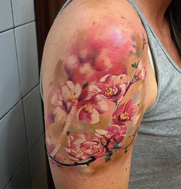 Beautiful Cherry Blossom Tattoo On Right Shoulder