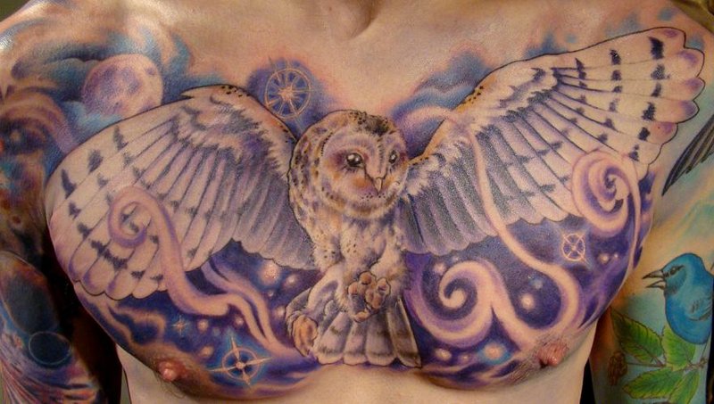 Beautiful Flying Owl Tattoo On Chest For Men