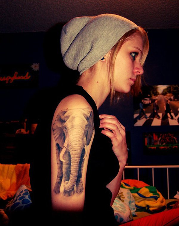 Beautiful Grey Ink Elephant Tattoo On Girl Right Half Sleeve
