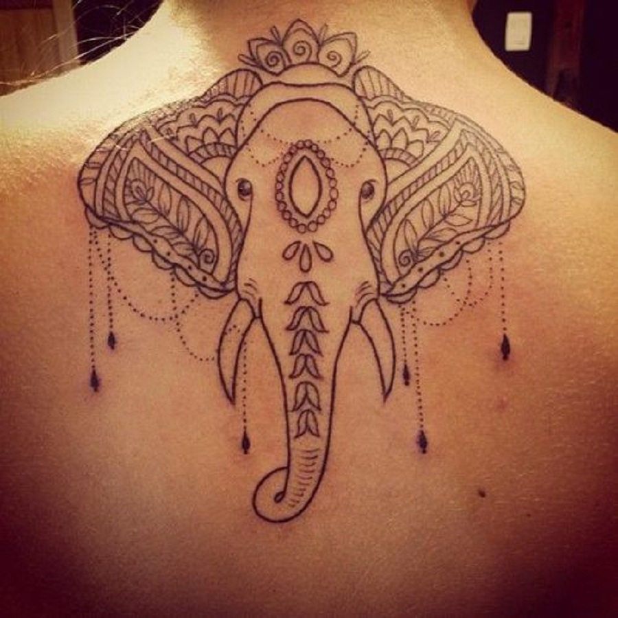 Beautiful Indian Elephant Head Tattoo On Upper Back