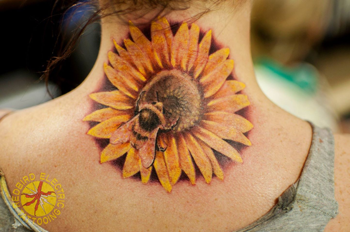 Bee And Realistic Sunflower Tattoo On Nape