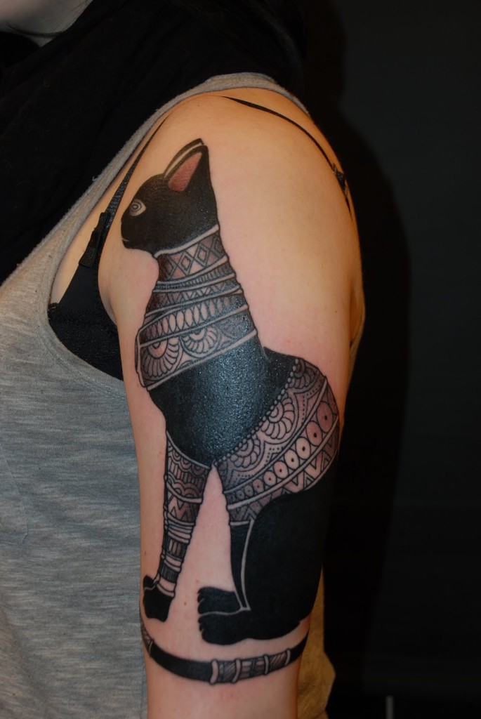 Big Egyptian Cat Tattoo On Half Sleeve For Girls