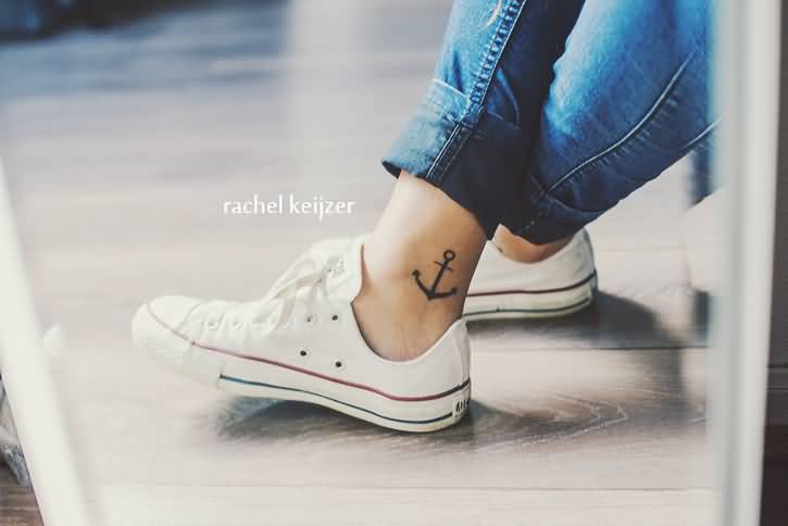 Black Anchor Tattoo On Girl Ankle