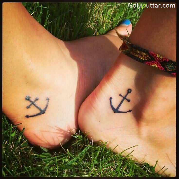 Black Anchors Ankle Tattoo For Couple