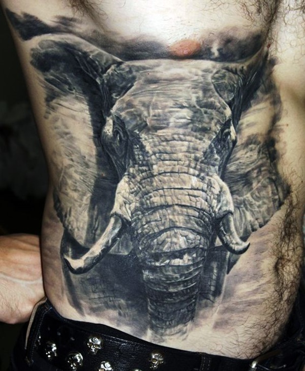Black And Grey 3D Elephant Head Tattoo On Man Right Side Rib