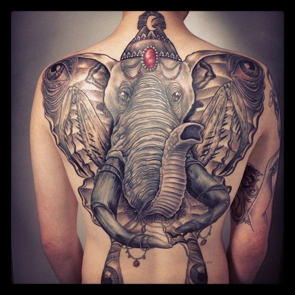 Black And Grey 3D Elephant Head Trunk Up Tattoo On Full Back