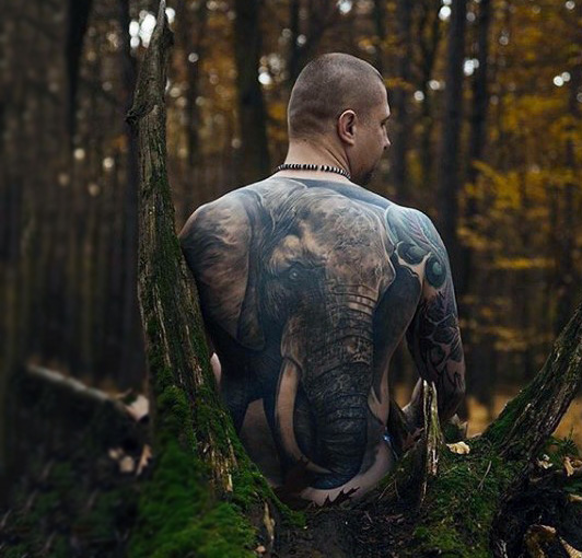 Black And Grey 3D Elephant Head Trunk Up Tattoo On Man Full Back