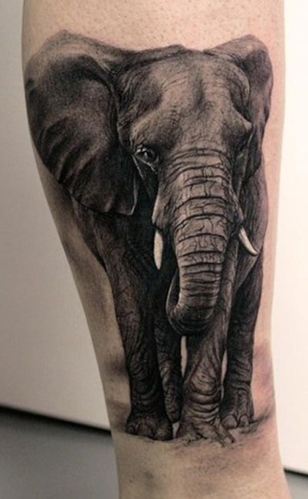Black And Grey 3D Elephant Tattoo Design For Leg