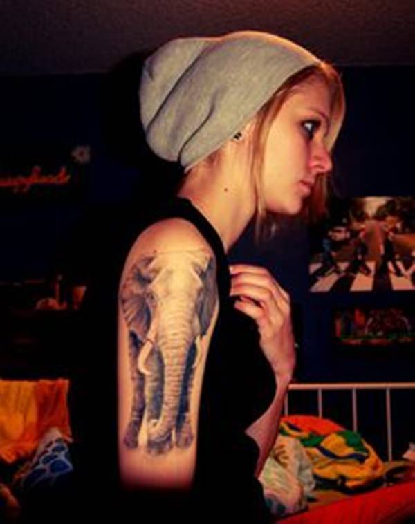 Black And Grey 3D Elephant Tattoo On Girl Right Half Sleeve