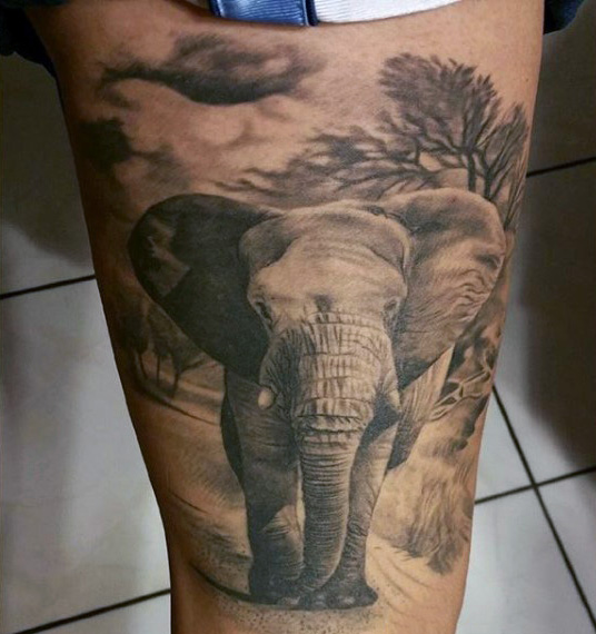 Black And Grey 3D Elephant Tattoo On Thigh