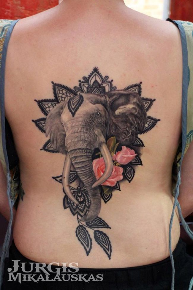Black And Grey 3D Elephant With Flowers Tattoo On Full Back