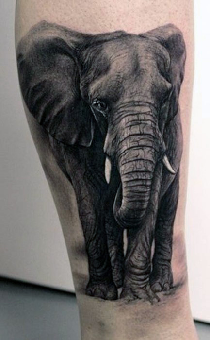 Black And Grey 3D Indian Elephant Tattoo Design For Leg