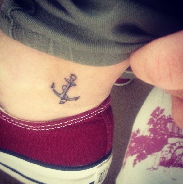 Black And Grey Anchor Tattoo On Ankle For Girls
