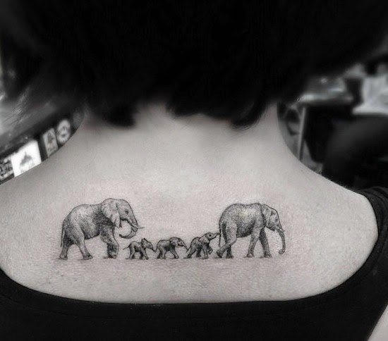 Black And Grey Asian Elephant Family Tattoo On Upper Back