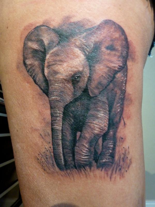 Black And Grey Baby Elephant Tattoo Design For Half Sleeve