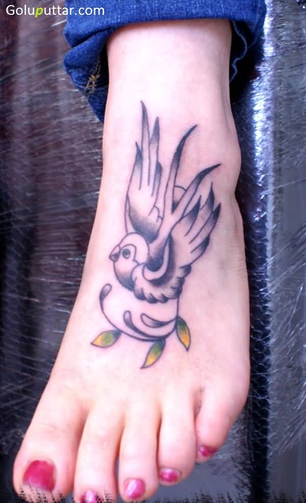 Black And Grey Bird Ankle Tattoo For Girls