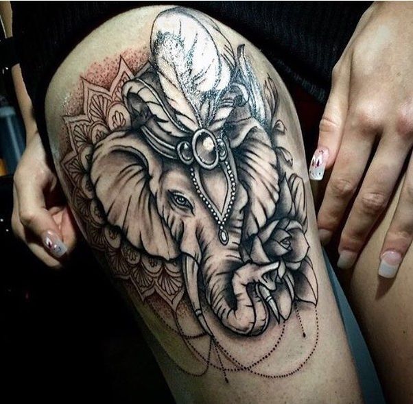 Black And Grey Chinese Elephant Head Tattoo On Girl Right Thigh By Mary Garageink