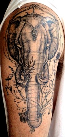 Black And Grey Chinese Elephant Head Tattoo On Right Half Sleeve