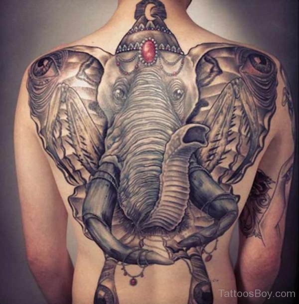 Black And Grey Chinese Elephant Tattoo On Full Back