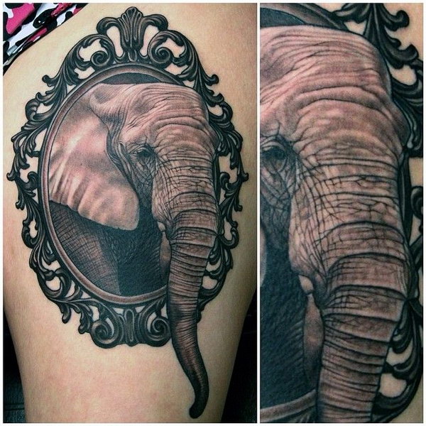 Black And Grey Circus Elephant In Frame Tattoo Design For Thigh By Aaron Peters