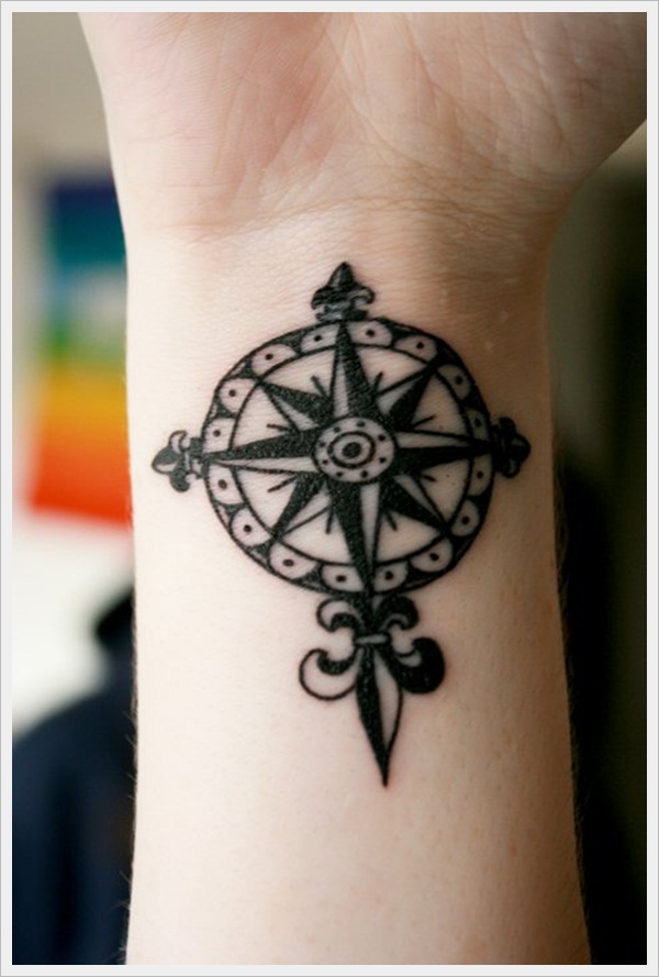 Black And Grey Compass Tattoo On Wrist For Men
