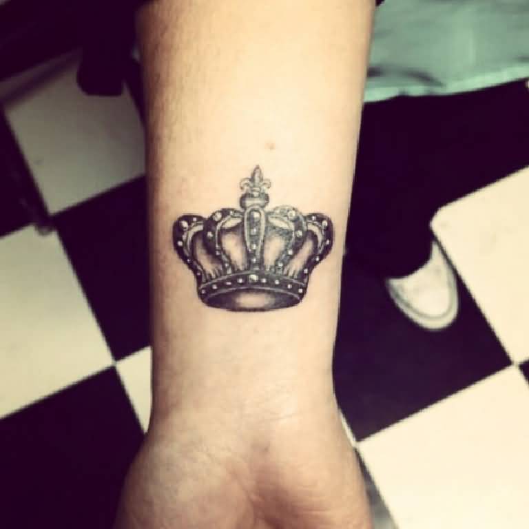 Black And Grey Crown Tattoo On Left Wrist