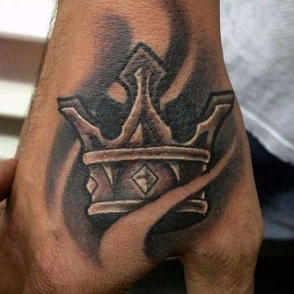 Black And Grey Crown Tattoo On Right Hand