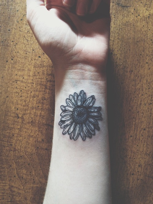 Black And Grey Daisy Wrist Tattoo For Girls