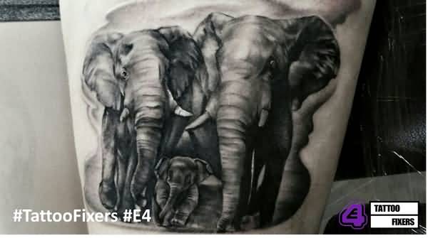 Black And Grey Elephant Family Tattoo Design