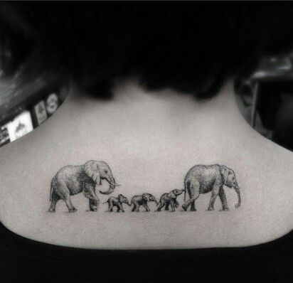 Black And Grey Elephant Family Tattoo On Upper Back