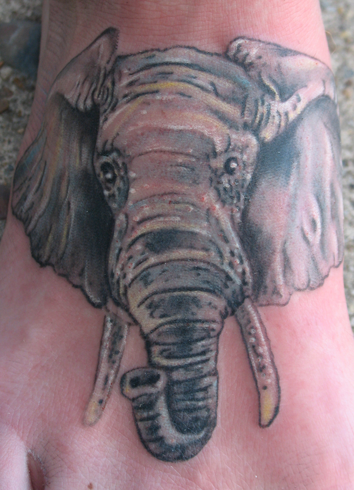 Black And Grey Elephant Head Tattoo Design For Foot