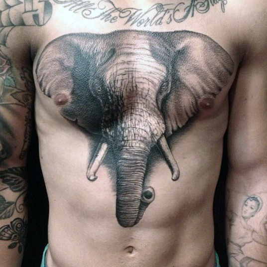 Black And Grey Elephant Head Tattoo On Man Chest