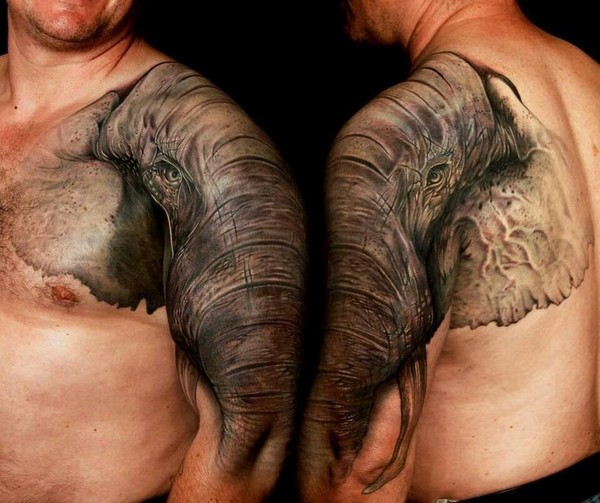 Black And Grey Elephant Head Tattoo On Man Left Shoulder And Half Sleeve