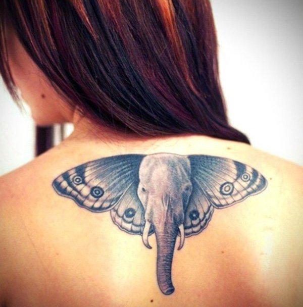 Black And Grey Elephant Head With Butterfly Wings Tattoo On Girl Upper Back