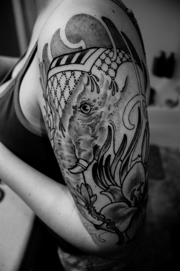 Black And Grey Elephant Tattoo On Girl Left Half Sleeve By Elisha Lindsay
