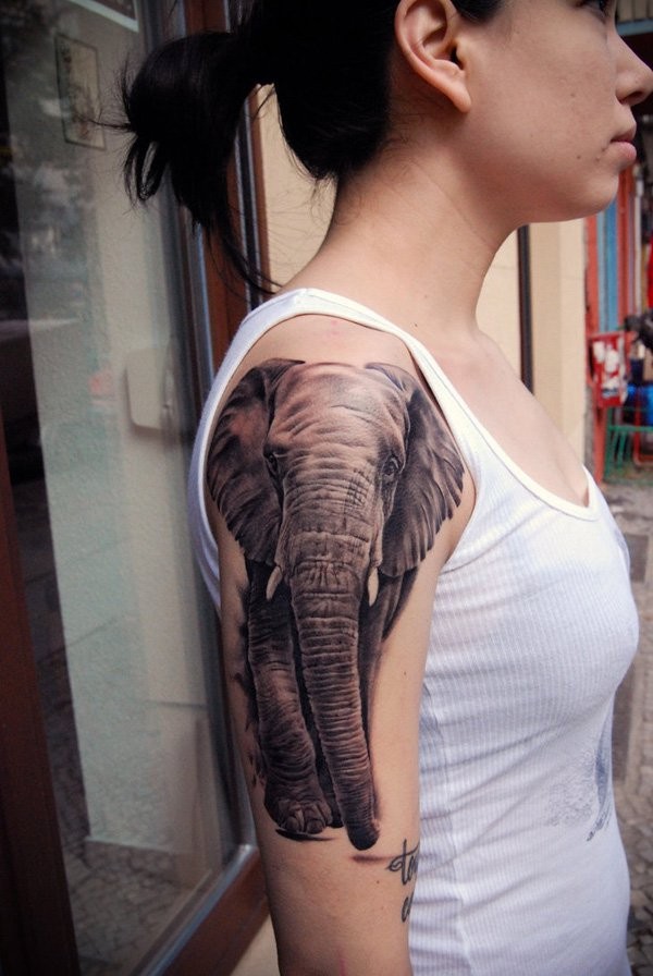 Black And Grey Elephant Tattoo On Girl Right Half Sleeve