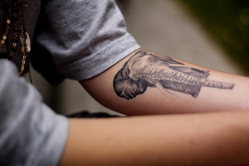 Black And Grey Elephant Tattoo On Left Forearm
