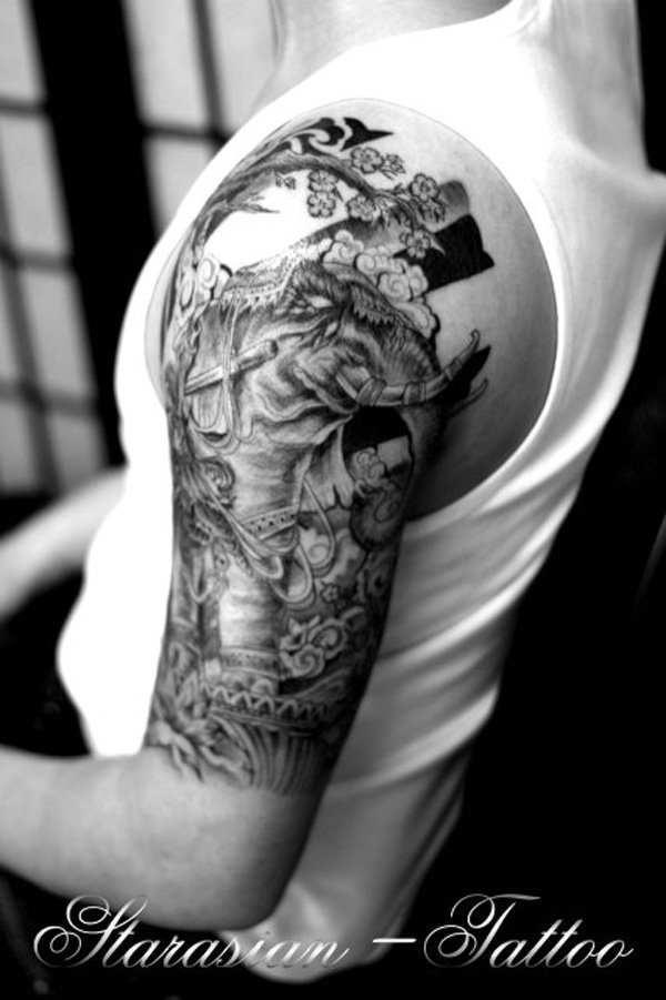 Black And Grey Elephant Tattoo On Left Half Sleeve