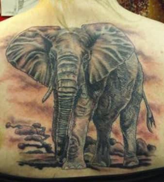 Black And Grey Elephant Tattoo On Upper Back