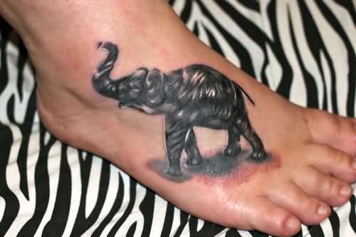 Black And Grey Elephant Trunk Up Tattoo On Right Foot