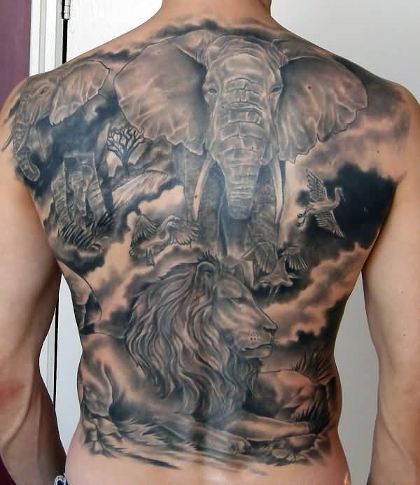 Black And Grey Elephant With Lion Tattoo On Full Back